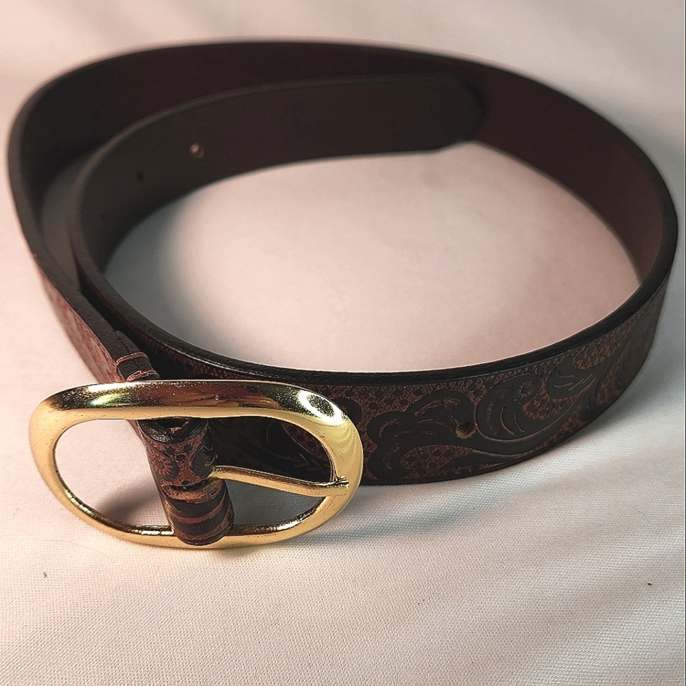Womens Gloria Vanderbilt 34 Floral Embossed Leather Belt. Gold Buckle  Blk/Brn